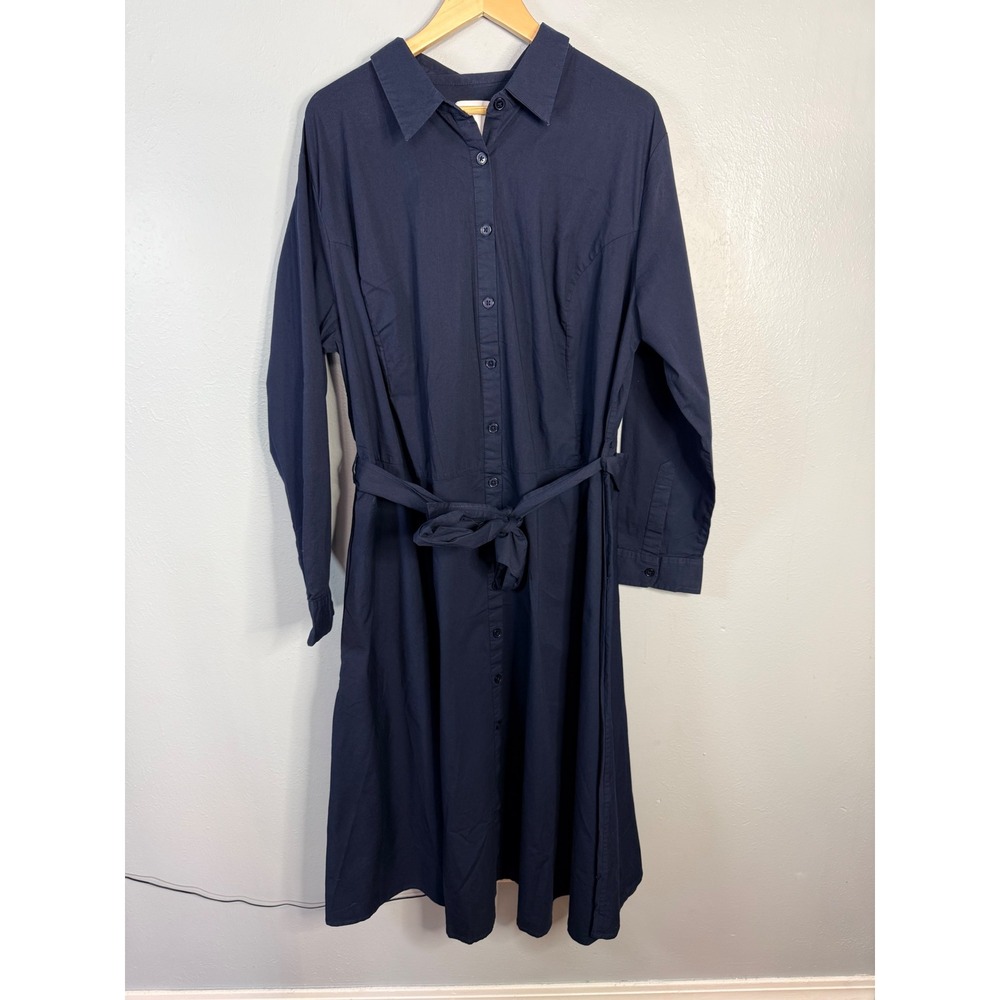 Pari Passu Navy Blue Cotton Blend Button Down Belted Midi‎ Shirt Dress C8